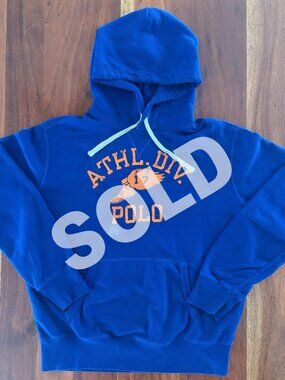 SOLD! Polo Ralph Lauren Blue Orange P-Wing 17 ATHL. DIV. Fleece Hoodie Mens Med